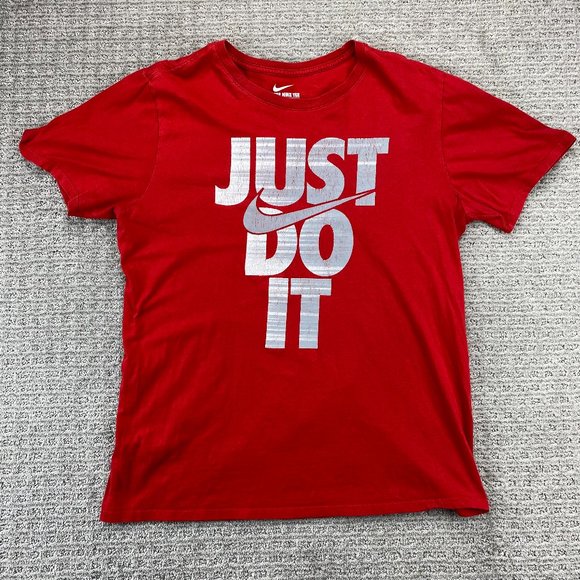 Nike Tee Shirt Men Large L Red Just Do It Swoosh Spell Out Graphic Athletic Cut - Picture 1 of 7